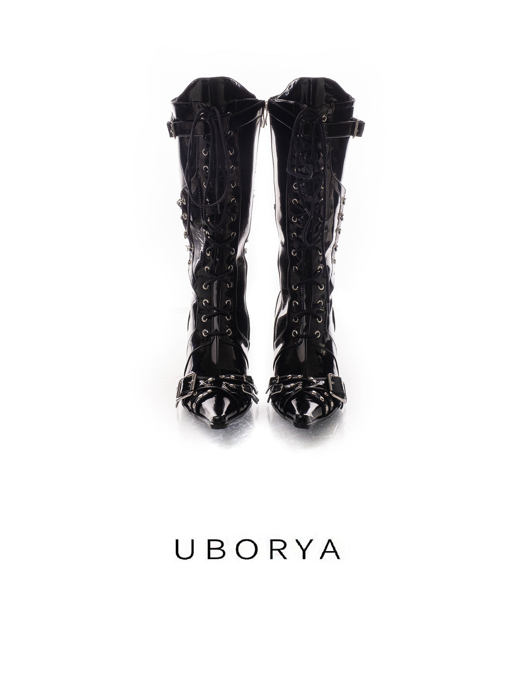 UBORYA Black Patent Leather Knee High Wedge Boots Lace Up Chain Buckle Punk Boots