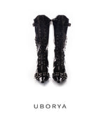 UBORYA Black Patent Leather Knee High Wedge Boots Lace Up Chain Buckle Punk Boots