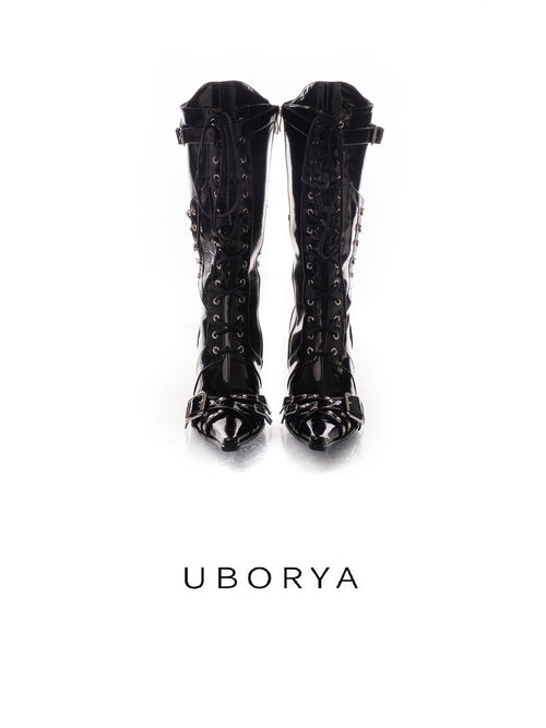 UBORYA Black Patent Leather Knee High Wedge Boots Lace Up Chain Buckle Punk Boots