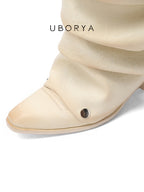 UBORYA Off White Sculptural Slouch Boots 6cm Block Heel Metal Eyelets Faux Leather