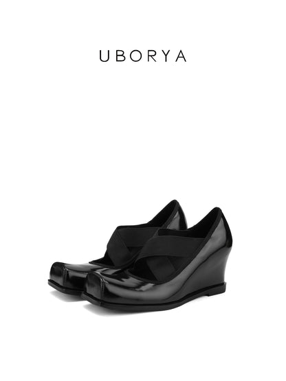 UBORYA Black Patent Square-Toe Wedge Pumps with Elastic Crisscross Straps – Architectural Heels for Women | Minimalist Avant-Garde Footwear | Sleek Power Wedges