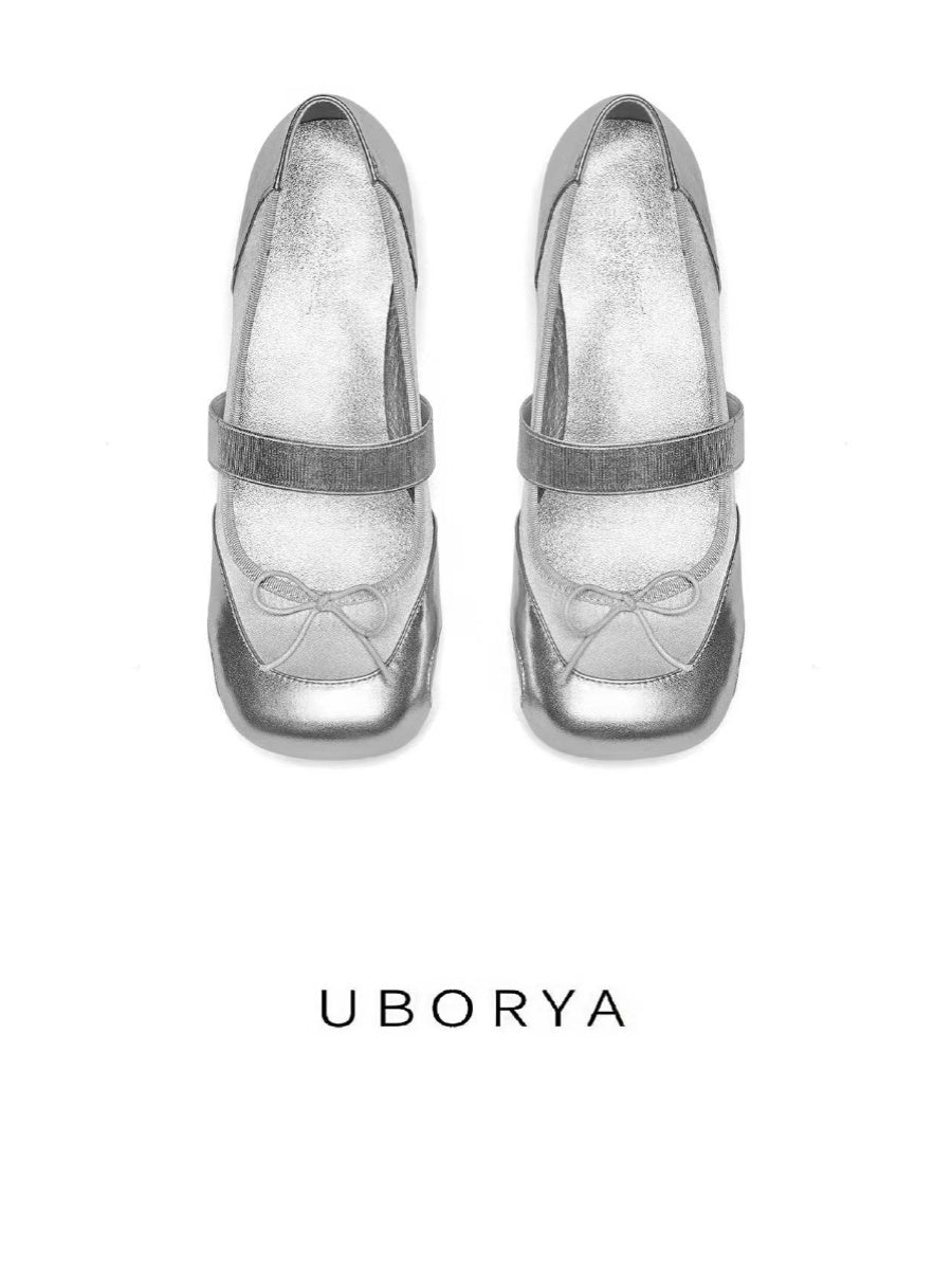UBORYA Silver Metallic Balletcore Mary Jane Flats 0.5cm Low Heel