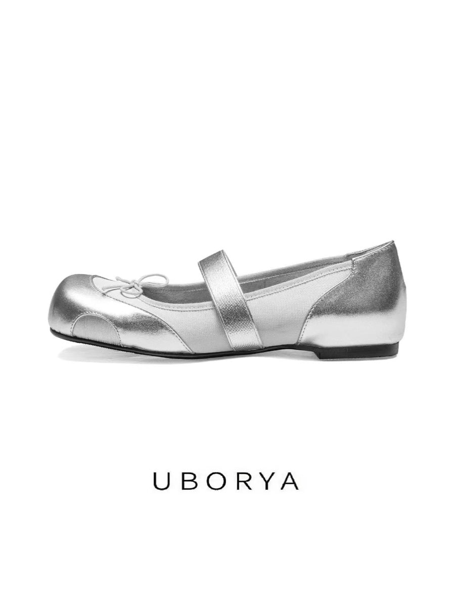 UBORYA Silver Metallic Balletcore Mary Jane Flats 0.5cm Low Heel