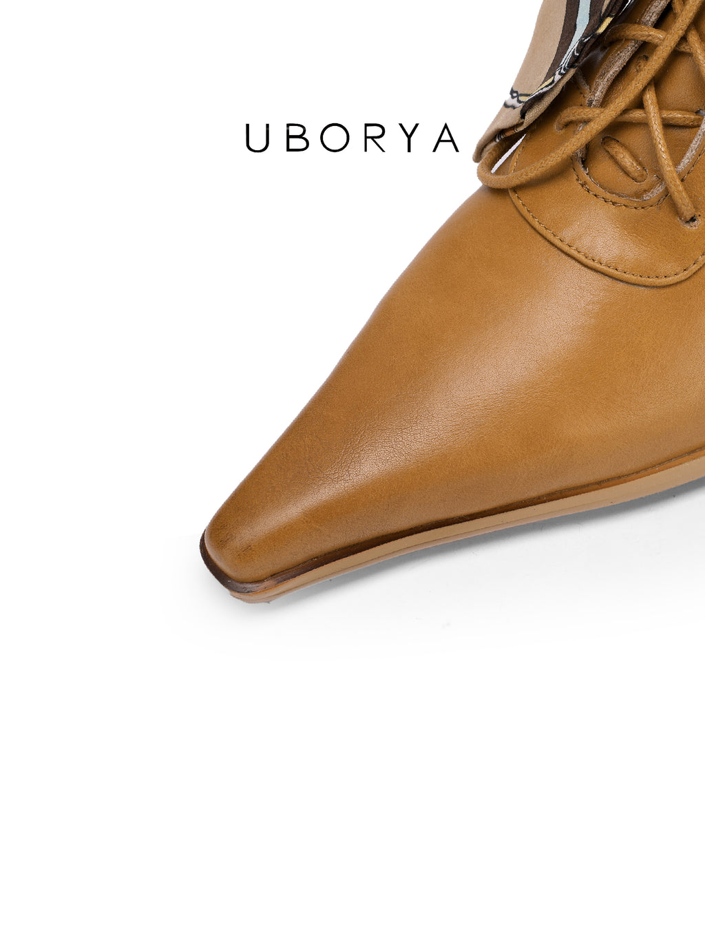 UBORYA Tan Leather Lace Up Wedge Boots Scarf Bow Pointed Toe Mid Calf Boots