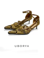 UBORYA Vintage Gold Metallic Kitten Heel Sandals 5.5cm Ankle Strap Real Leather