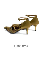 UBORYA Vintage Gold Metallic Kitten Heel Sandals 5.5cm Ankle Strap Real Leather