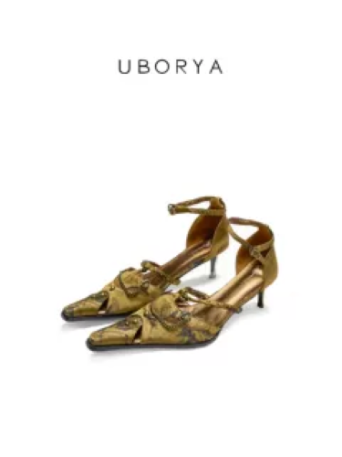 UBORYA Vintage Gold Metallic Kitten Heel Sandals 5.5cm Ankle Strap Real Leather