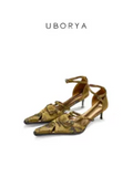 UBORYA Vintage Gold Metallic Kitten Heel Sandals 5.5cm Ankle Strap Real Leather