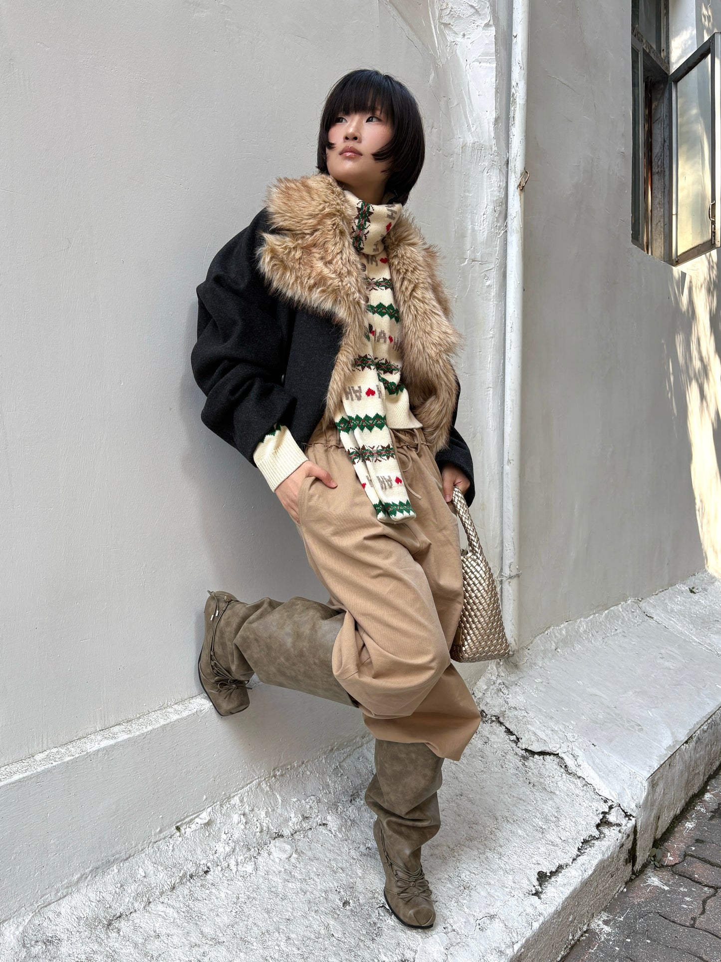 UBORYA Khaki Suede Slouchy Knee-High Boots with Bows – Square Toe Kitten Heel Boots for Women | Ruched Shaft | Side Zipper | Earthy Avant-Garde Booties