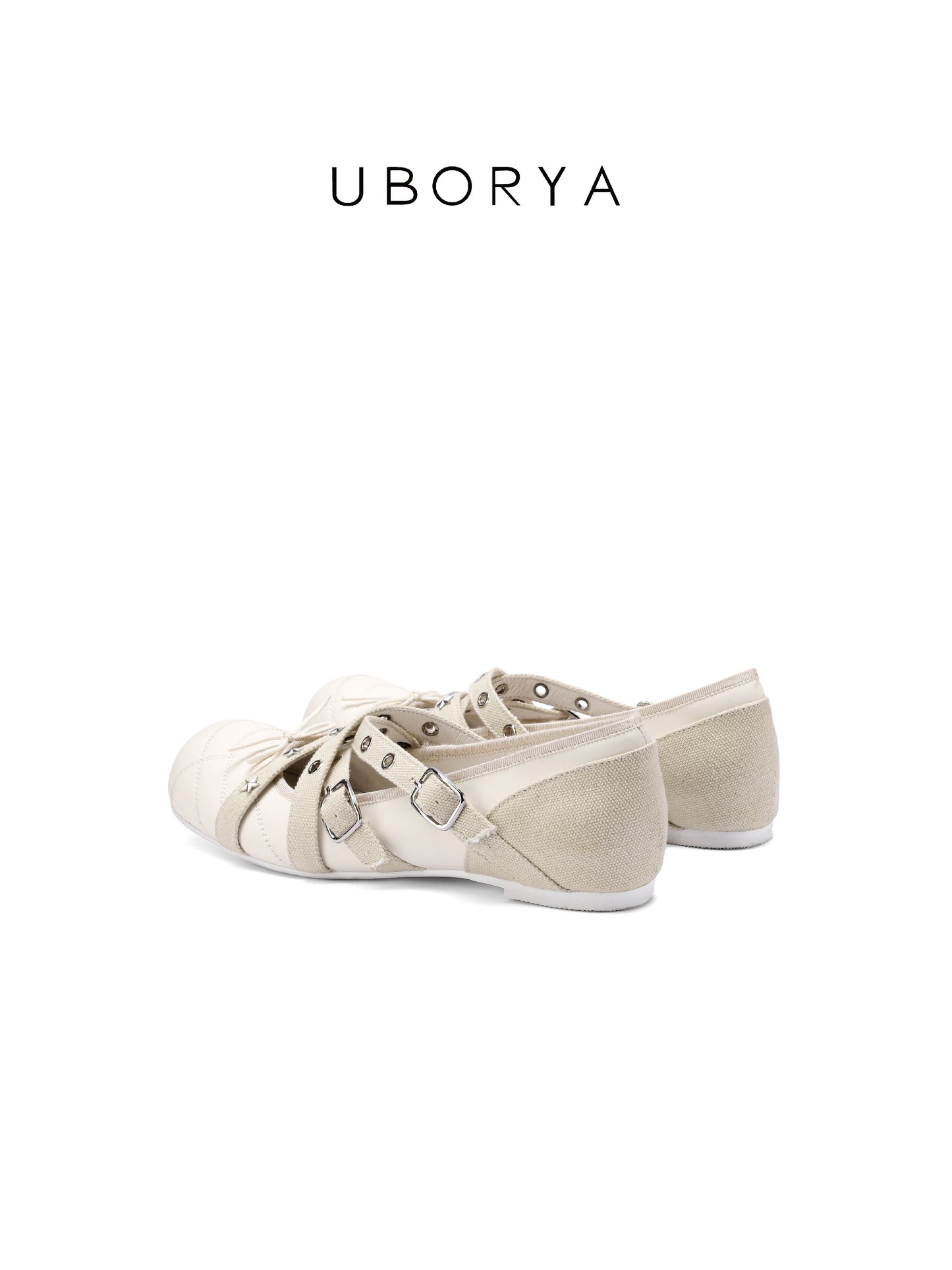 UBORYA Off-White Crisscross Strap Ballet Flats - Star Stud Eyelet Detail Round Toe Flat Shoes