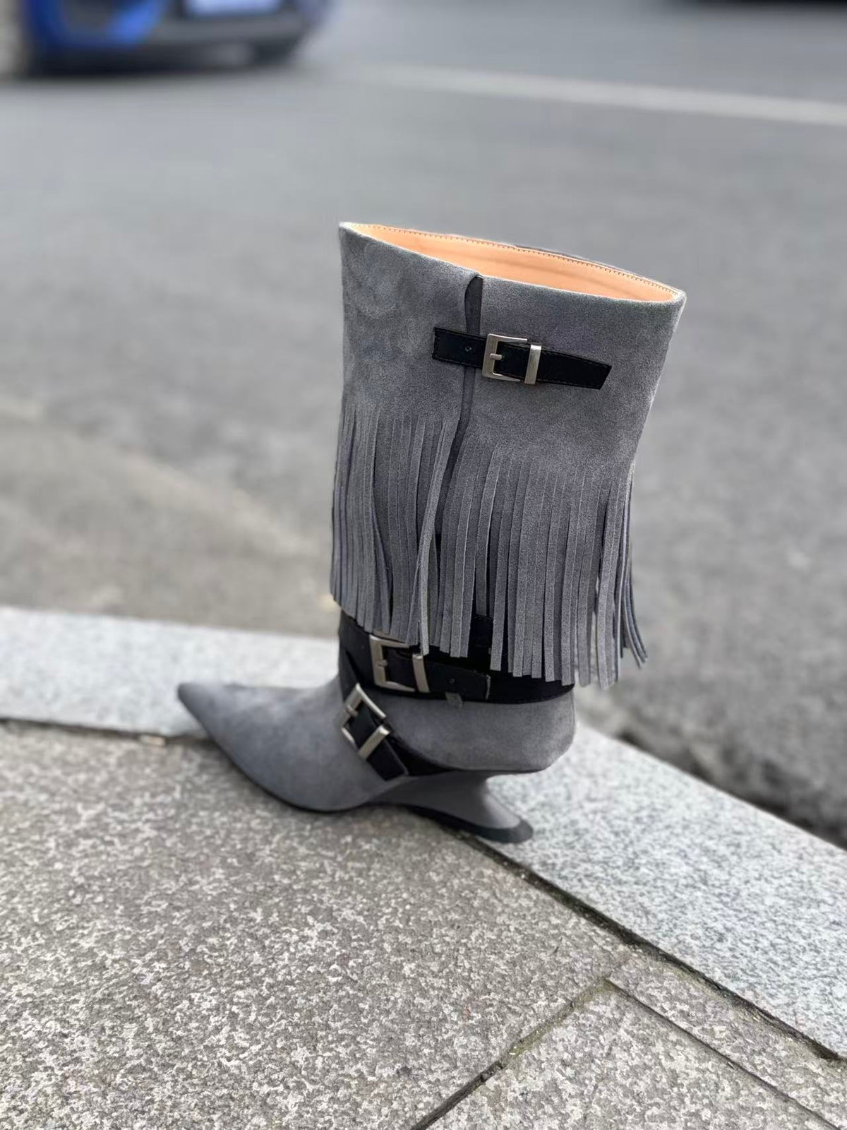 UBORYA Grey Blue Suede Fringe Mid-Calf Boots with Buckle Straps