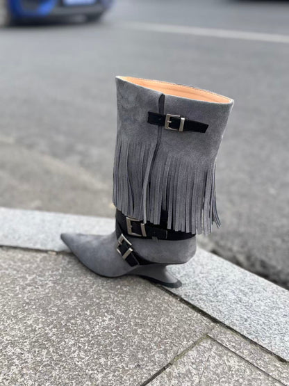 UBORYA Grey Blue Suede Fringe Mid-Calf Boots with Buckle Straps – Sculptural Wedge Heel Boots for Women | Pointed Toe | Western Avant-Garde Booties
