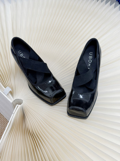 UBORYA Black Patent Square-Toe Wedge Pumps with Elastic Crisscross Straps – Architectural Heels for Women | Minimalist Avant-Garde Footwear | Sleek Power Wedges