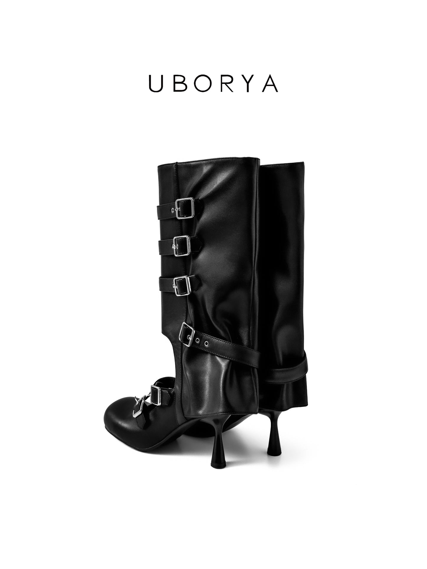 UBORYA Black Knee-High Buckle Boots with Sculpted Stiletto Heel – Multi-Strap Round Toe Boots for Women | Gothic Glam Punk Luxury Footwear | Avant-Garde Heeled Boots
