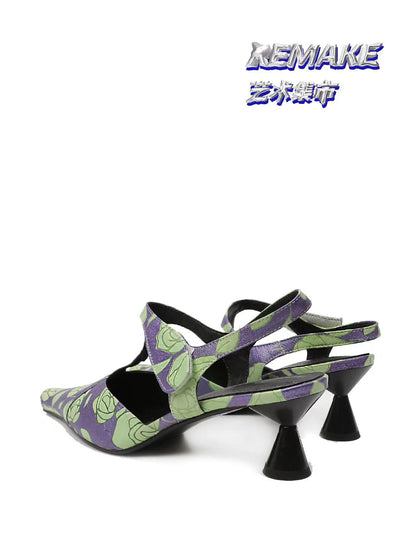 Purple Green Rose Print Leather T-Strap Slingbacks - Pointed Toe Kitten Heel Sandals