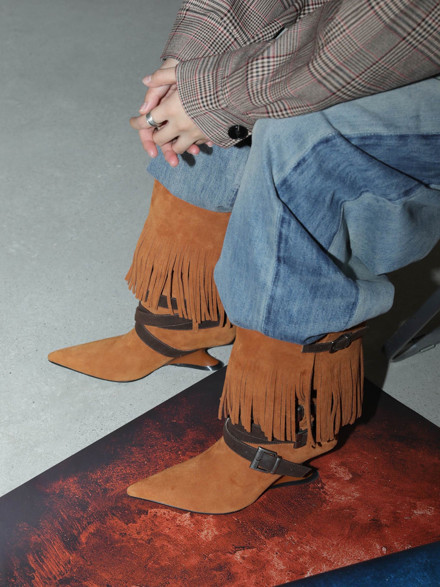 UBORYA Tan Suede Fringe Mid-Calf Boots with Buckle Straps – Sculptural Wedge Heel Boots for Women | Pointed Toe | Western Boho Booties