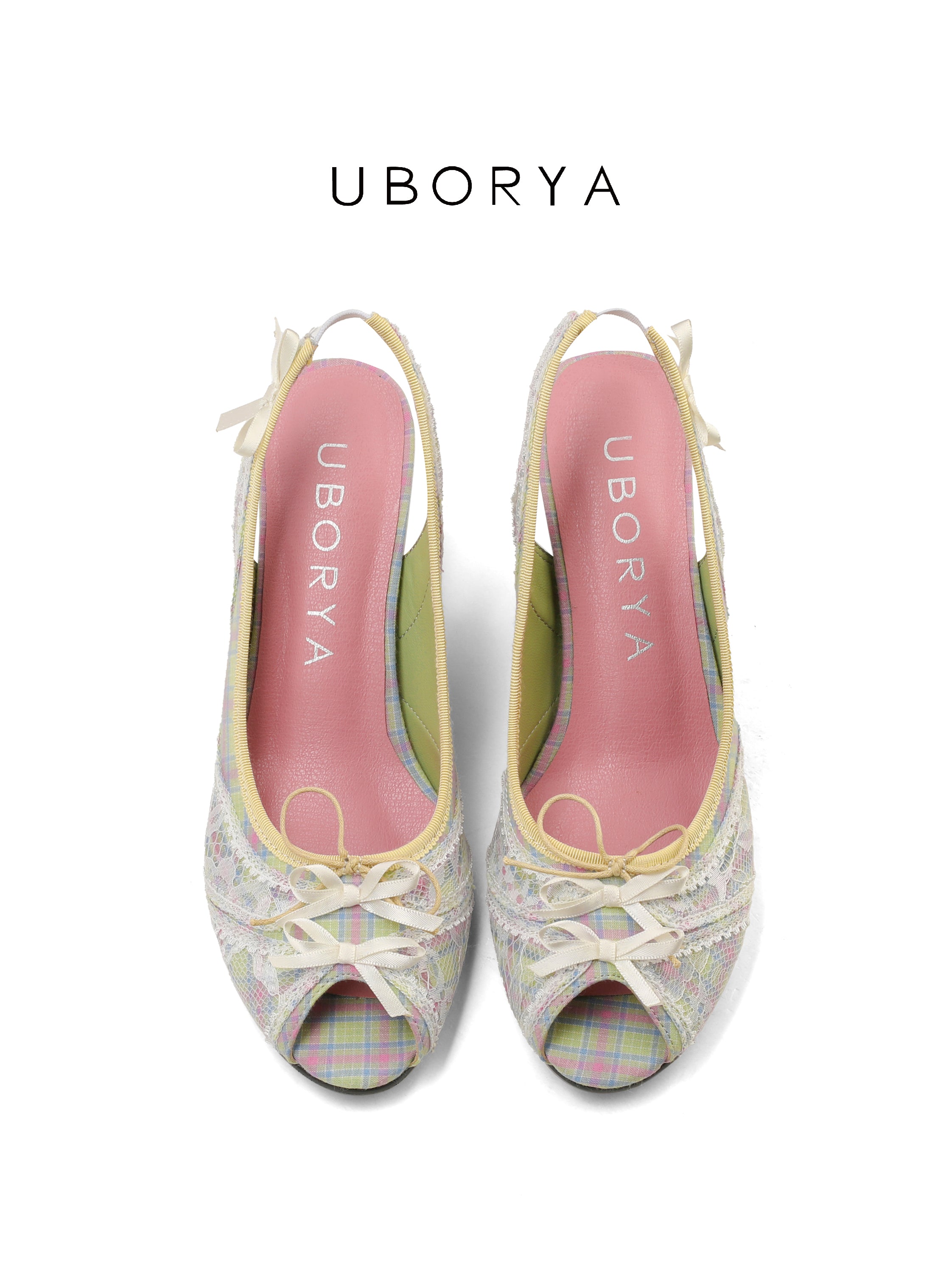 UBORYA Pastel Plaid Lace Slingback Wedge Sandals with Bow Details