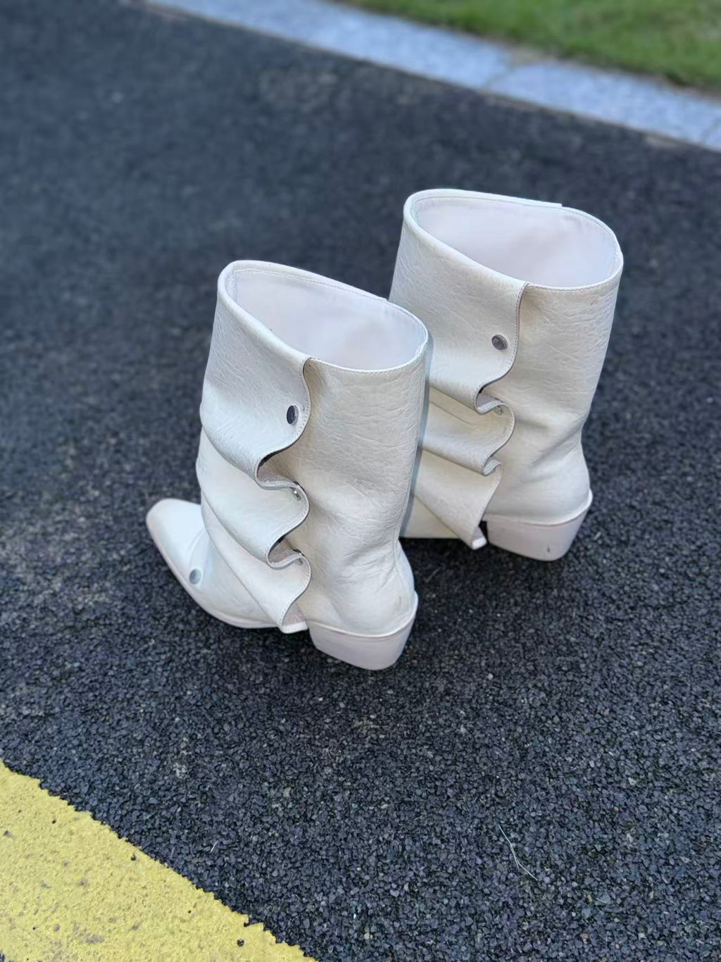 UBORYA Off White Sculptural Slouch Boots 6cm Block Heel Metal Eyelets Faux Leather