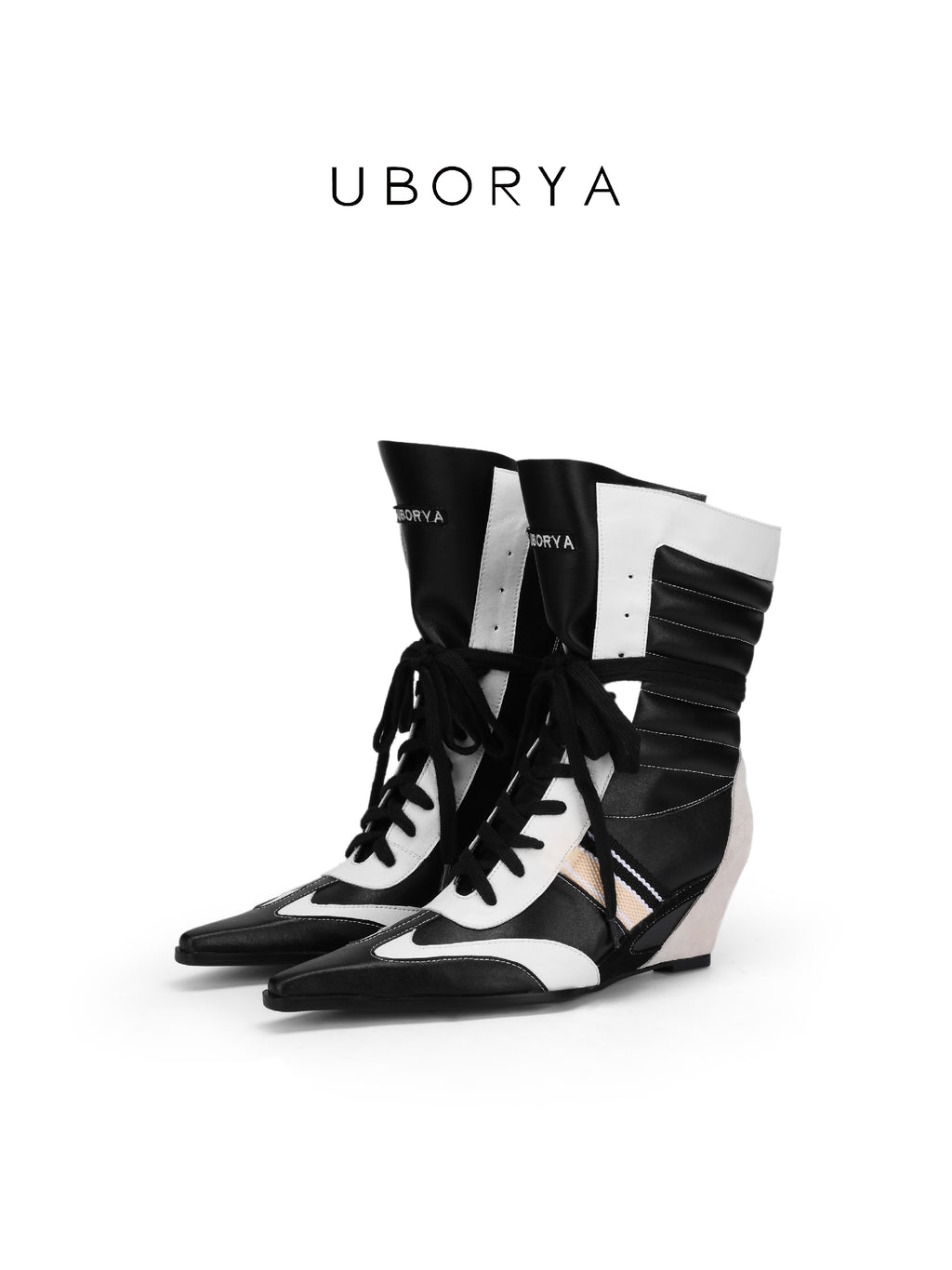 UBORYA Black White Boxing Boot Wedge Heels Pointed Toe Lace Up Mid Calf Boots