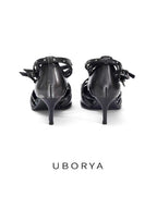 UBORYA Distressed Black Leather Studded Strap Heels Square Toe Stiletto Pumps