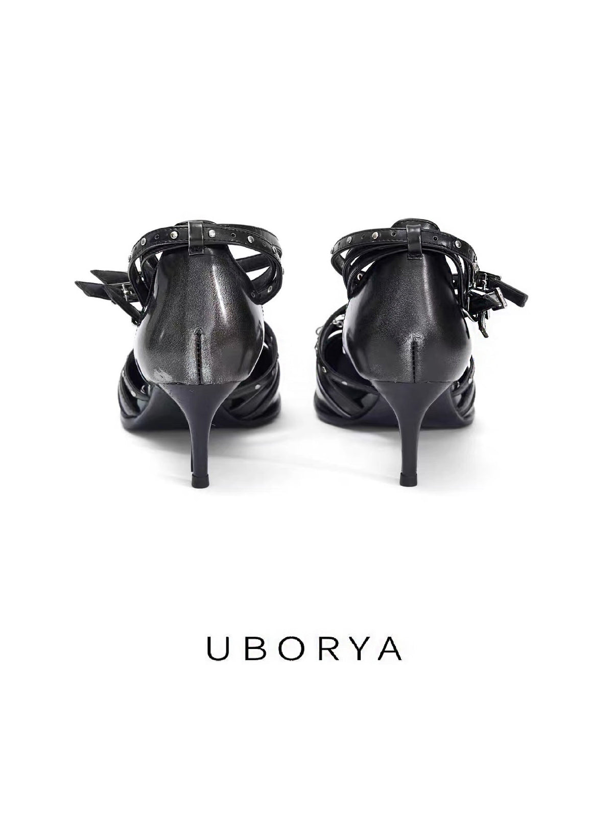 UBORYA Distressed Black Leather Studded Strap Heels Square Toe Stiletto Pumps