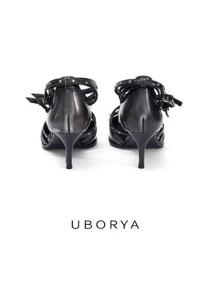 UBORYA Distressed Black Leather Studded Strap Heels - Chain Ring Detail Square Toe Stiletto Pumps