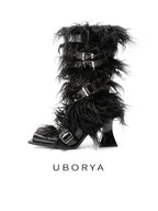 UBORYA Black Avant‑Garde Faux Fur Midi Boots Gothic 6cm Chunky Heel