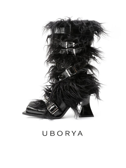 UBORYA Black Avant-Garde Fur & Strap Boots – Gothic Mongolian Faux Fur Midi Boots for Women | 6cm / 2.4in Chunky Heel | Patent Leather & Buckle Accents | Edgy Statement Footwear