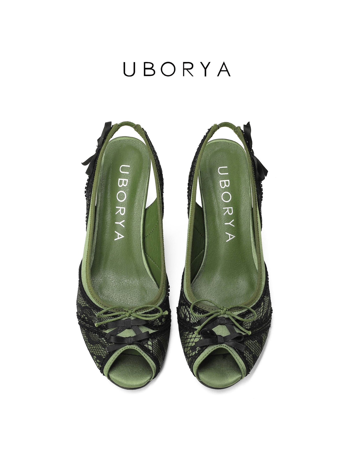 UBORYA Olive Green Slingback Peep-Toe Shoes with Black Lace Overlay – Low Wedge Heel Pumps for Women | Dark Academia Bows | Vintage Garden Heels