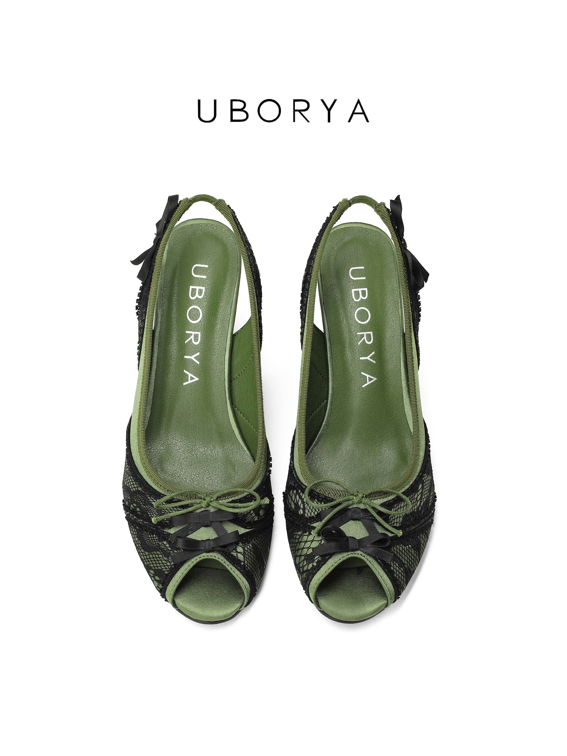 UBORYA Olive Green Lace Slingback Wedge Sandals with Bow Details