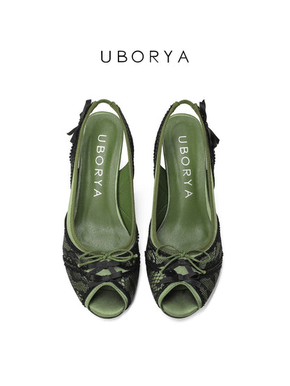UBORYA Olive Green Slingback Peep-Toe Shoes with Black Lace Overlay – Low Wedge Heel Pumps for Women | Dark Academia Bows | Vintage Garden Heels