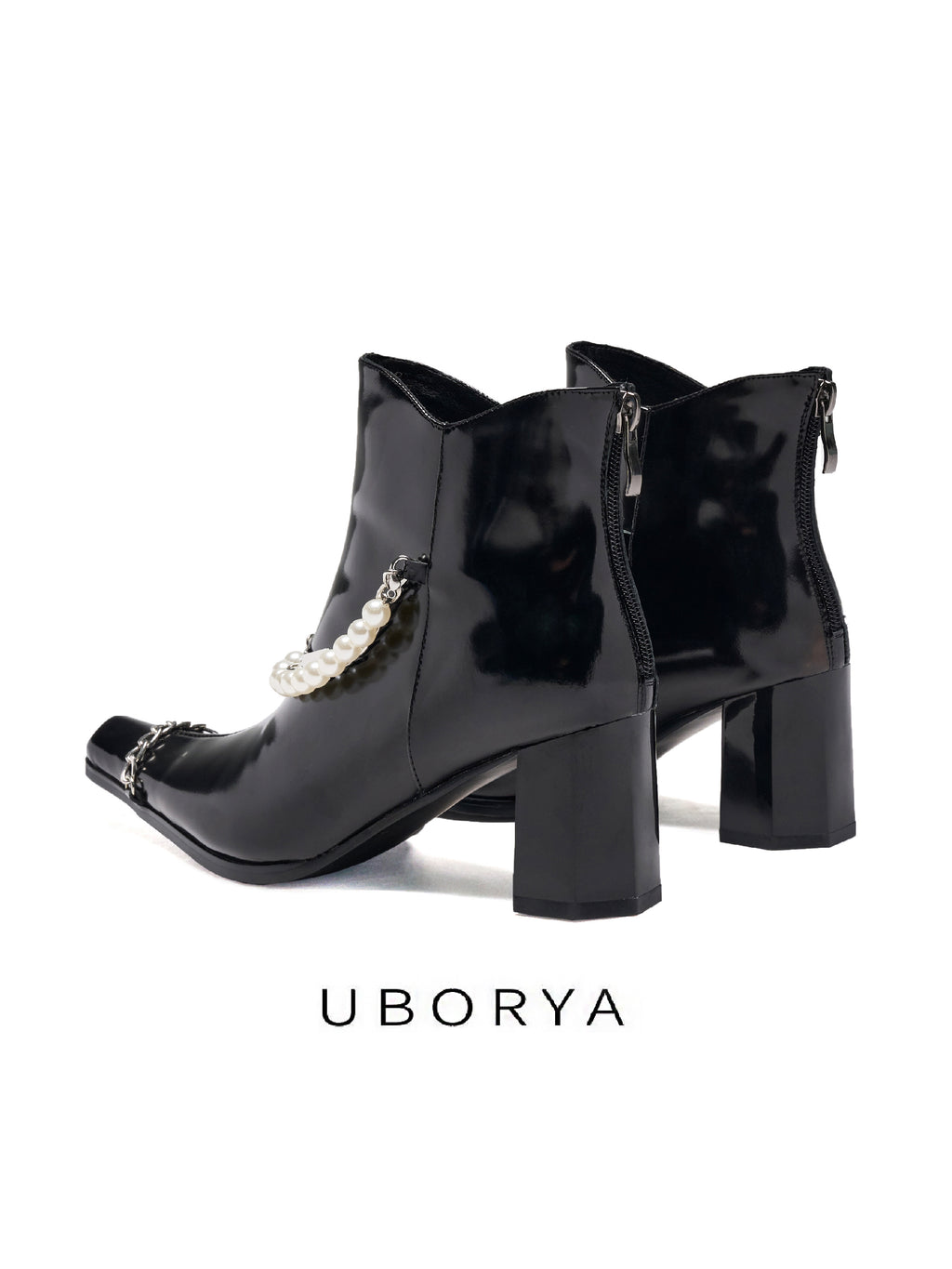 UBORYA Black Patent Leather Ankle Boots Pearl Chain Square Toe Block Heel