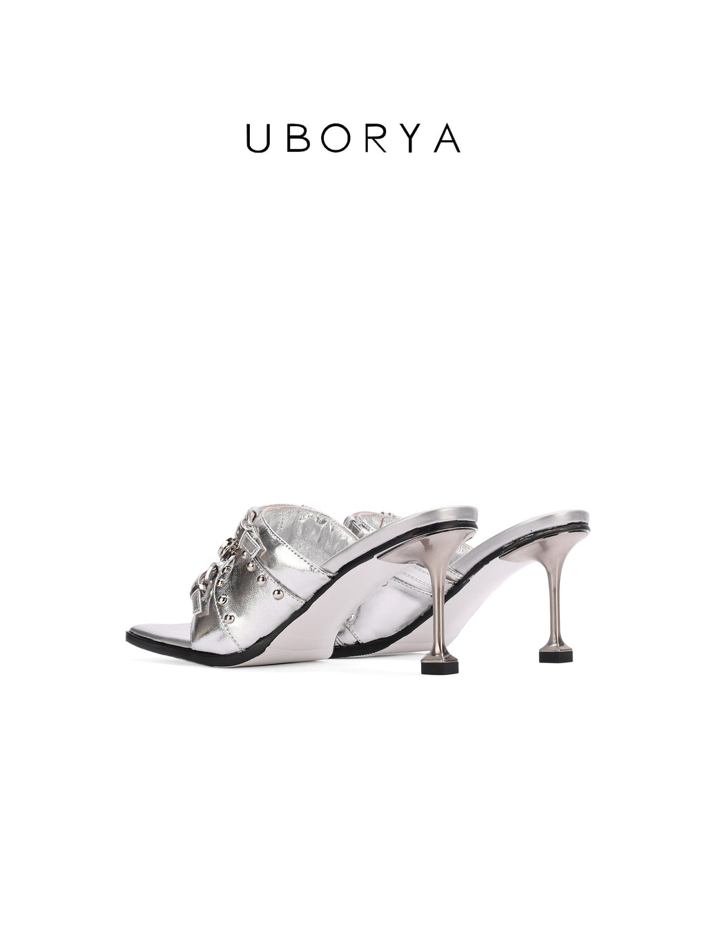 UBORYA Silver Metallic Multi-Buckle Mules with Skull Studs