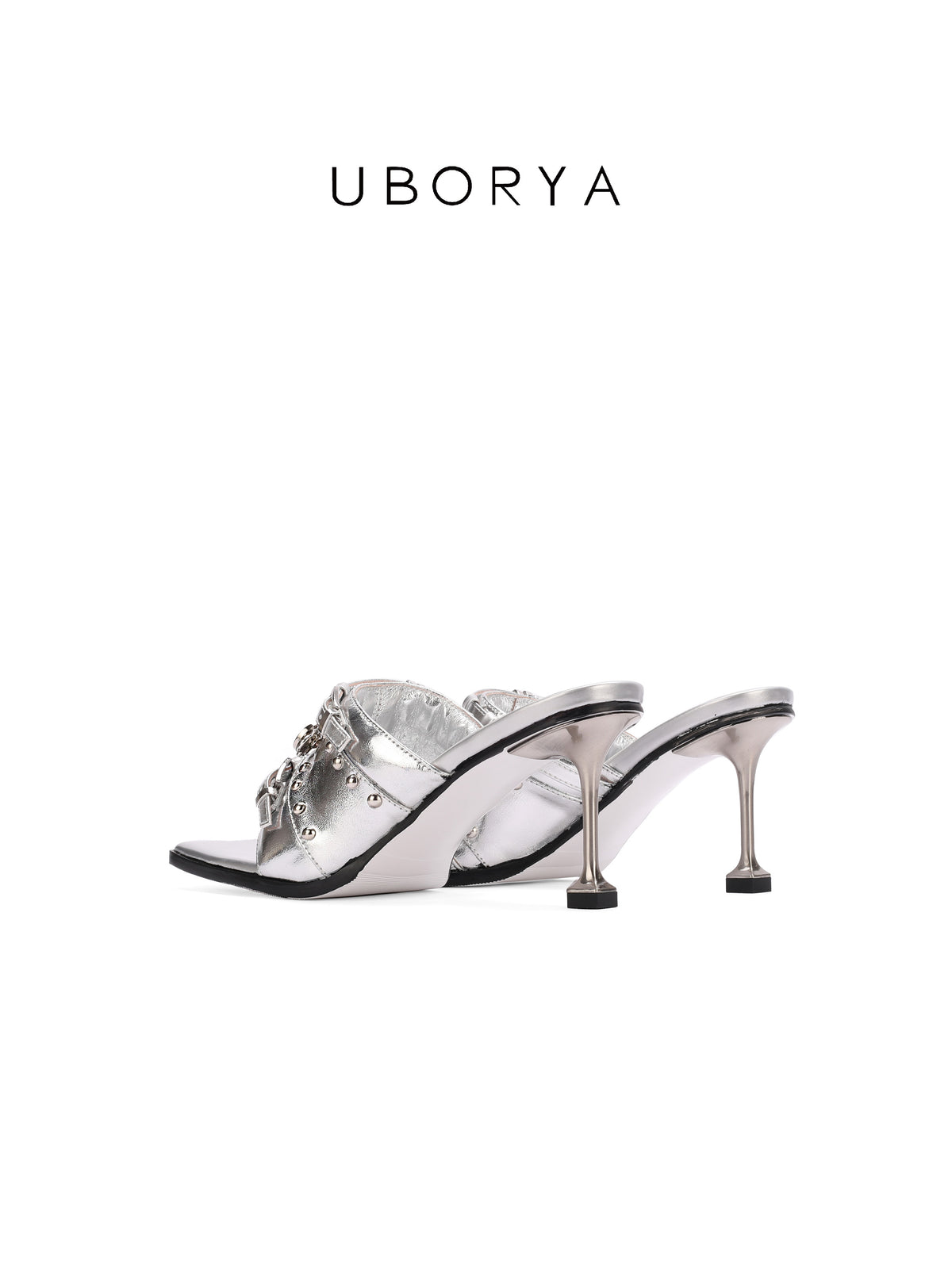 UBORYA Silver Metallic Multi-Buckle Mules with Skull Studs