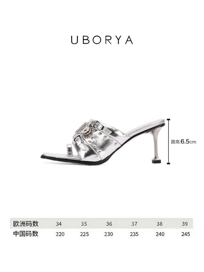UBORYA Silver Metallic Mules – Futuristic High Heel Sandals for Women | 7cm / 2.75in Metal Stiletto Heel | Multi-Buckle & Skull Rivet Design | Square Toe Open-Toe Slides