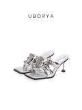 UBORYA Silver Metallic Multi-Buckle Mules with Skull Studs