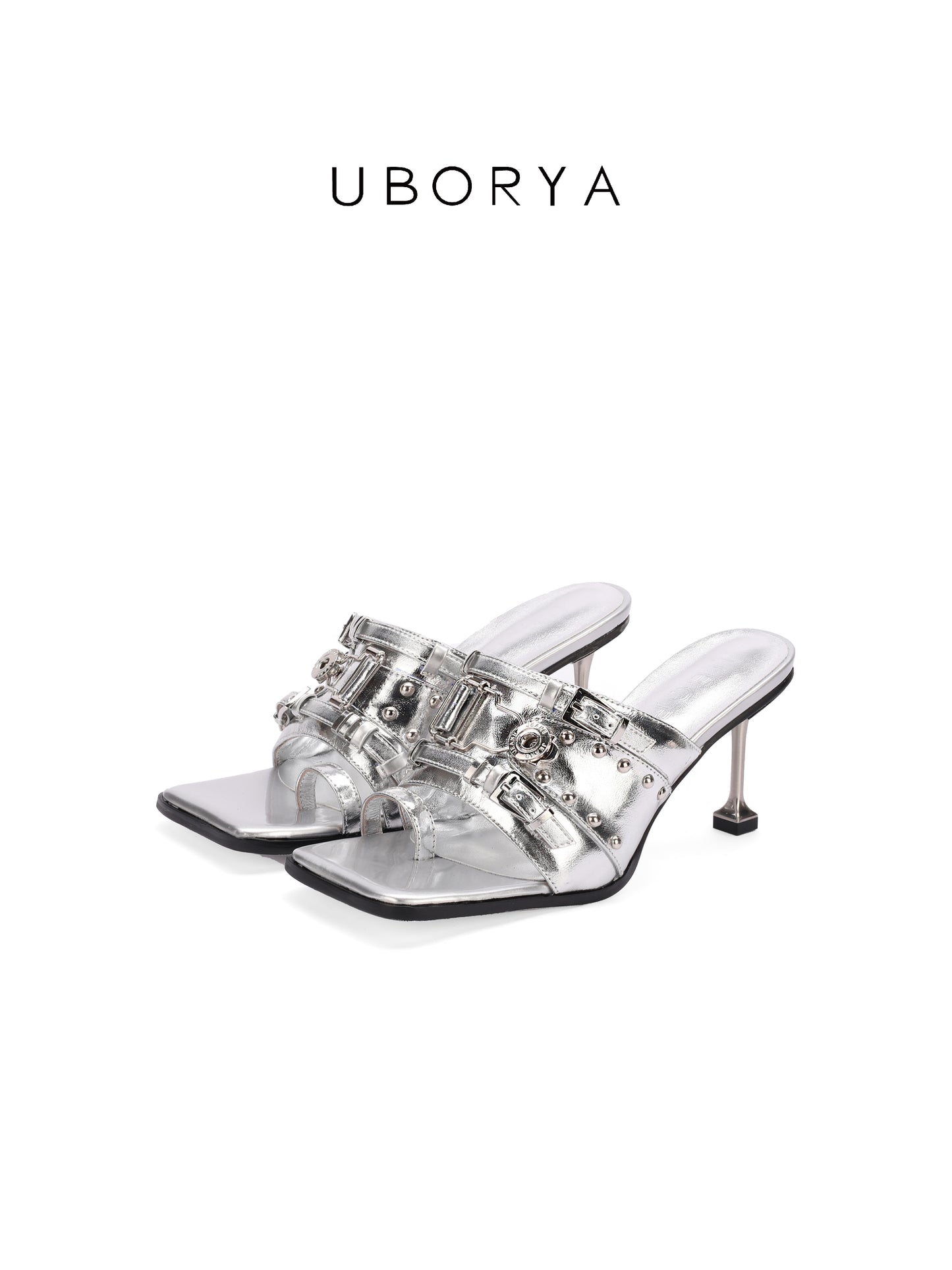 UBORYA Silver Metallic Mules – Futuristic High Heel Sandals for Women | 7cm / 2.75in Metal Stiletto Heel | Multi-Buckle & Skull Rivet Design | Square Toe Open-Toe Slides