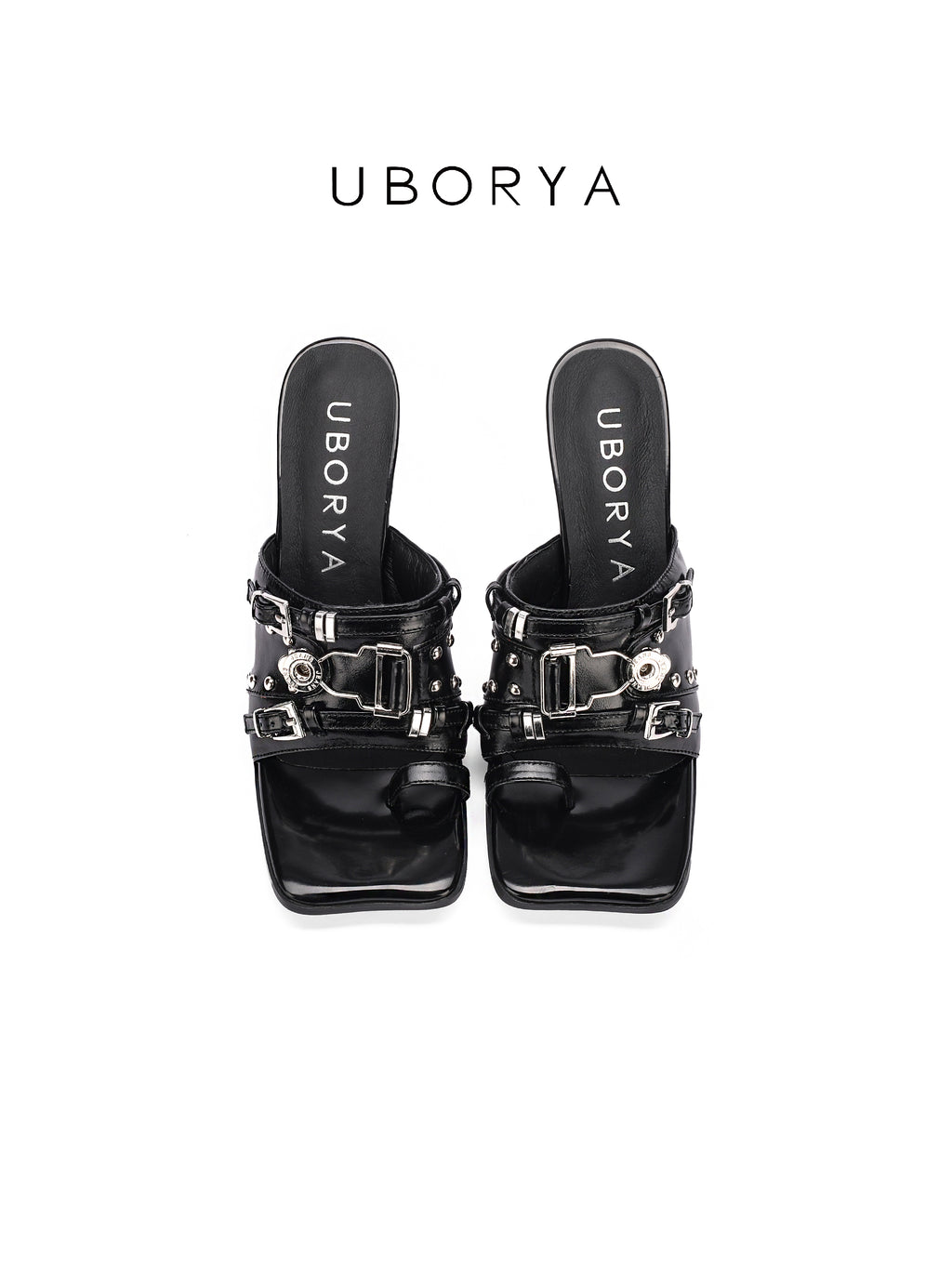 UBORYA Black Patent Leather Punk‑Luxury Mules 7cm Metal Stiletto Skull Rivet