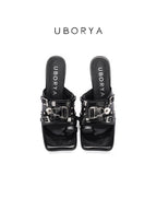 UBORYA Black Patent Leather Punk‑Luxury Mules 7cm Metal Stiletto Skull Rivet
