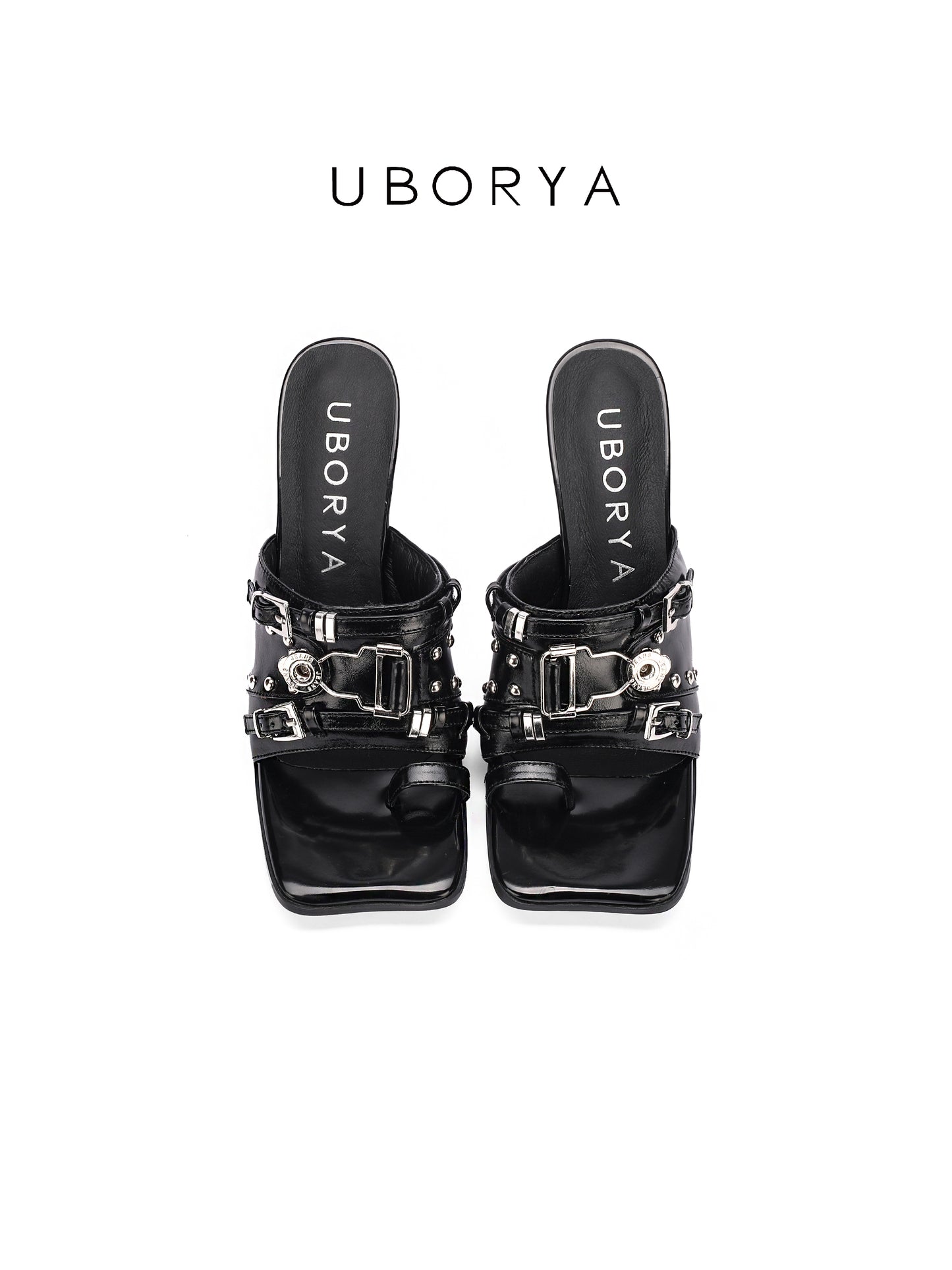 UBORYA Black Patent Leather Mules – Punk-Luxury High Heel Sandals for Women | 7cm / 2.75in Metal Stiletto Heel | Multi-Buckle & Skull Rivet Design | Square Toe Open-Toe Slides
