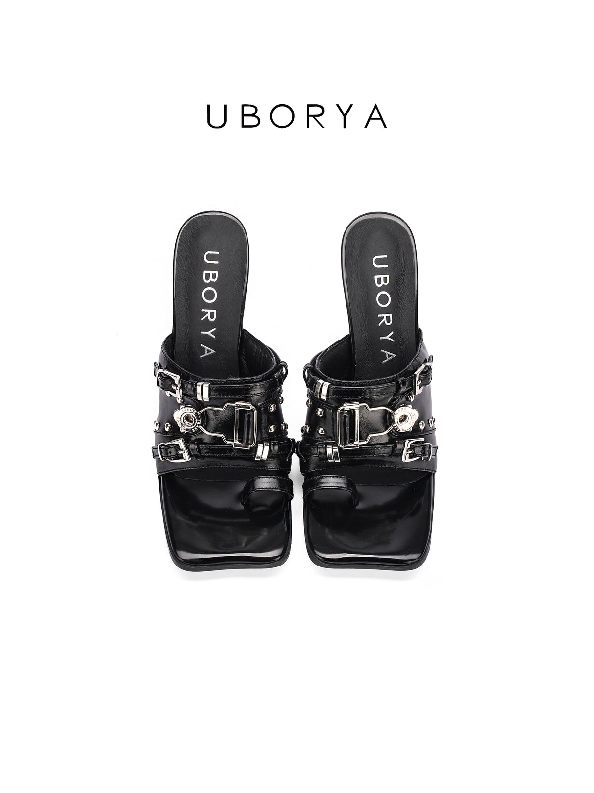 UBORYA Black Patent Leather Punk‑Luxury Mules 7cm Metal Stiletto Skull Rivet