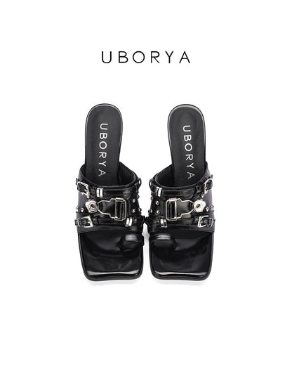 UBORYA Black Patent Leather Mules – Punk-Luxury High Heel Sandals for Women | 7cm / 2.75in Metal Stiletto Heel | Multi-Buckle & Skull Rivet Design | Square Toe Open-Toe Slides