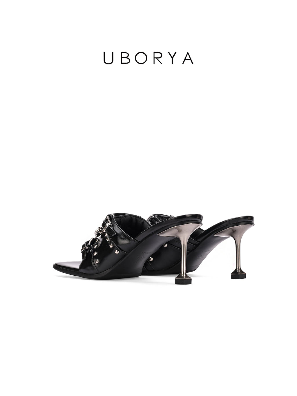 UBORYA Black Patent Leather Punk‑Luxury Mules 7cm Metal Stiletto Skull Rivet