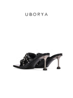 UBORYA Black Patent Leather Punk‑Luxury Mules 7cm Metal Stiletto Skull Rivet