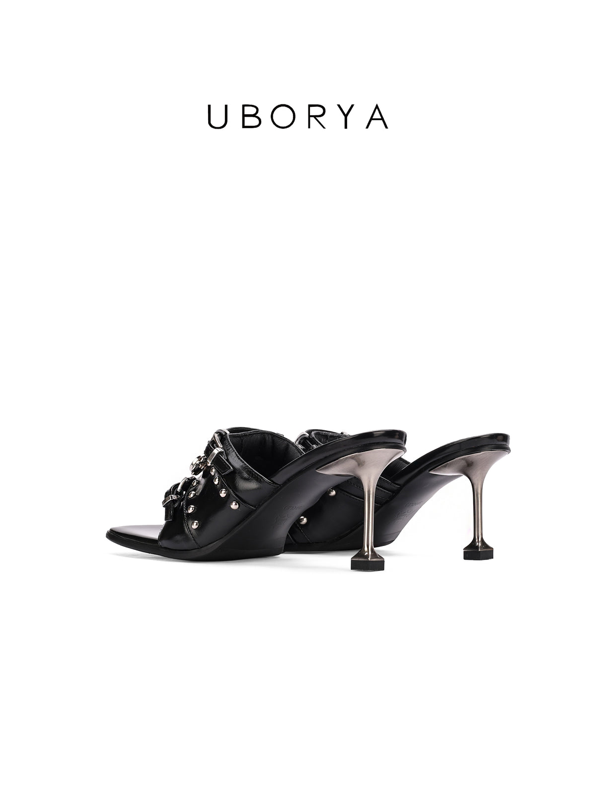 UBORYA Black Patent Leather Punk‑Luxury Mules 7cm Metal Stiletto Skull Rivet