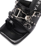 UBORYA Black Patent Leather Punk‑Luxury Mules 7cm Metal Stiletto Skull Rivet