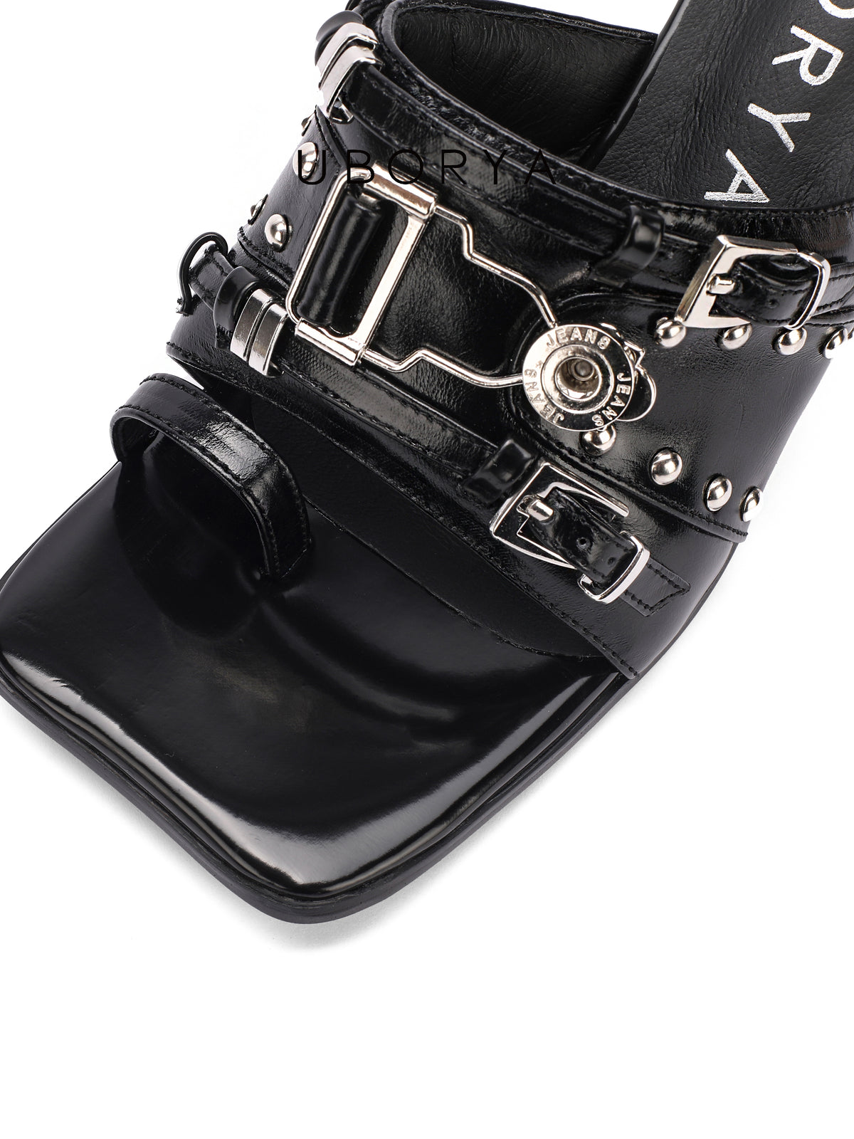 UBORYA Black Patent Leather Punk‑Luxury Mules 7cm Metal Stiletto Skull Rivet
