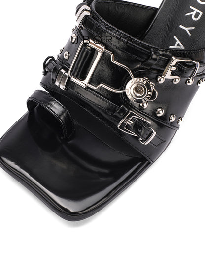 UBORYA Black Patent Leather Mules – Punk-Luxury High Heel Sandals for Women | 7cm / 2.75in Metal Stiletto Heel | Multi-Buckle & Skull Rivet Design | Square Toe Open-Toe Slides