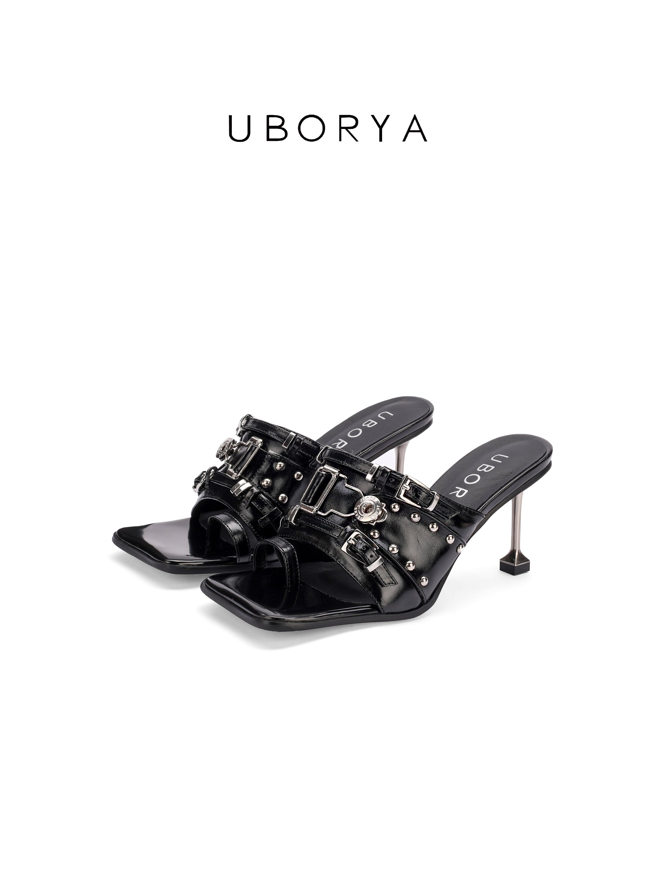 UBORYA Black Patent Leather Punk‑Luxury Mules 7cm Metal Stiletto Skull Rivet