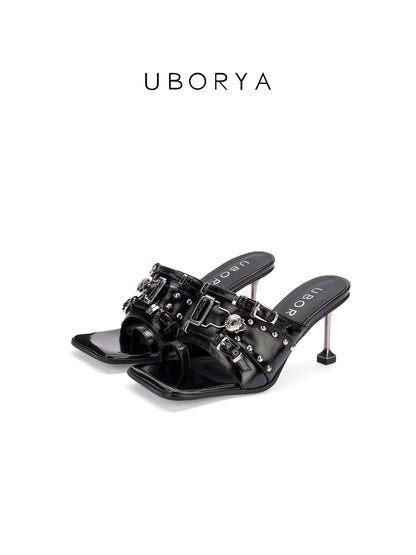 UBORYA Black Patent Leather Mules – Punk-Luxury High Heel Sandals for Women | 7cm / 2.75in Metal Stiletto Heel | Multi-Buckle & Skull Rivet Design | Square Toe Open-Toe Slides